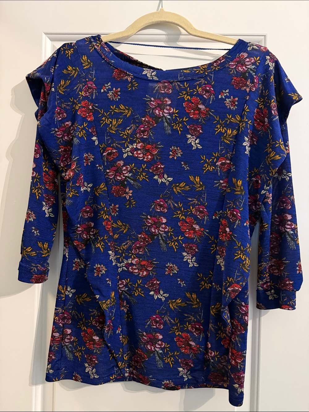 Free People Royal Blue Floral Boatneck Blouse S
